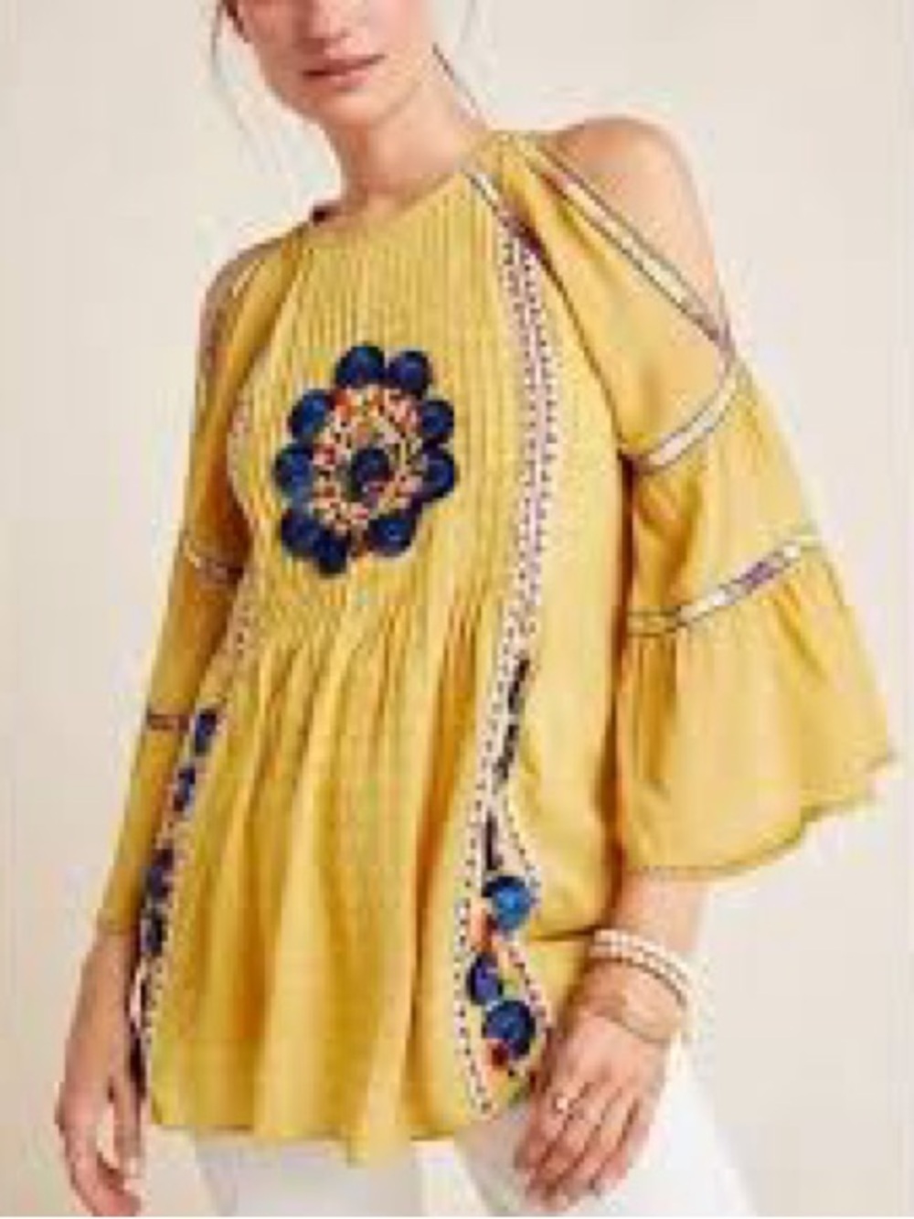 Anthropologie Bhanuniew by Jyoti Bexley open-shoulder yellow tunic blouse blue